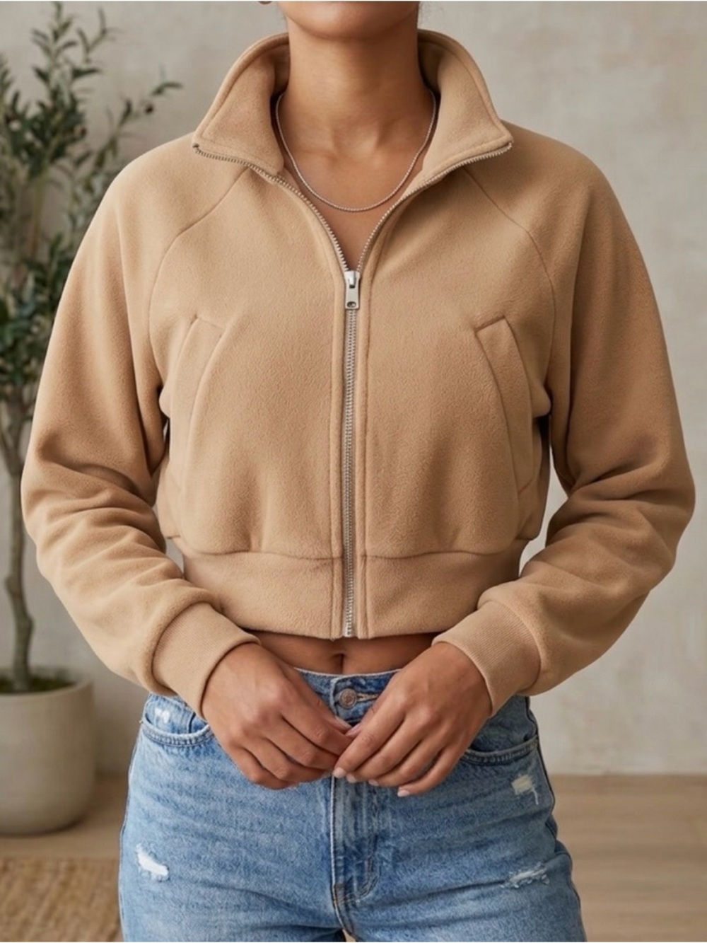 Love Poem Super Soft Zip Up Cropped Tan Jacket, Size S